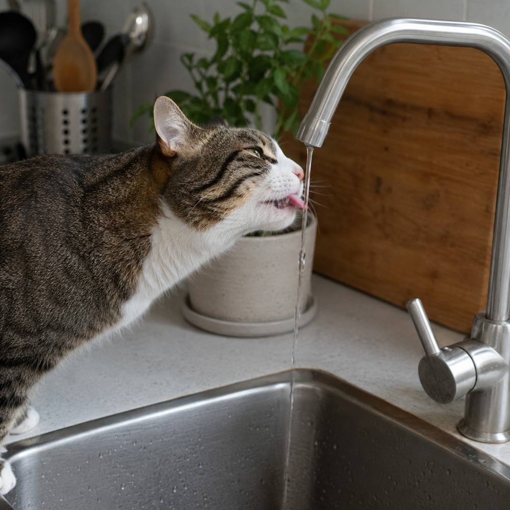 Katze interessiert sich für einen laufenden Wasserhahn