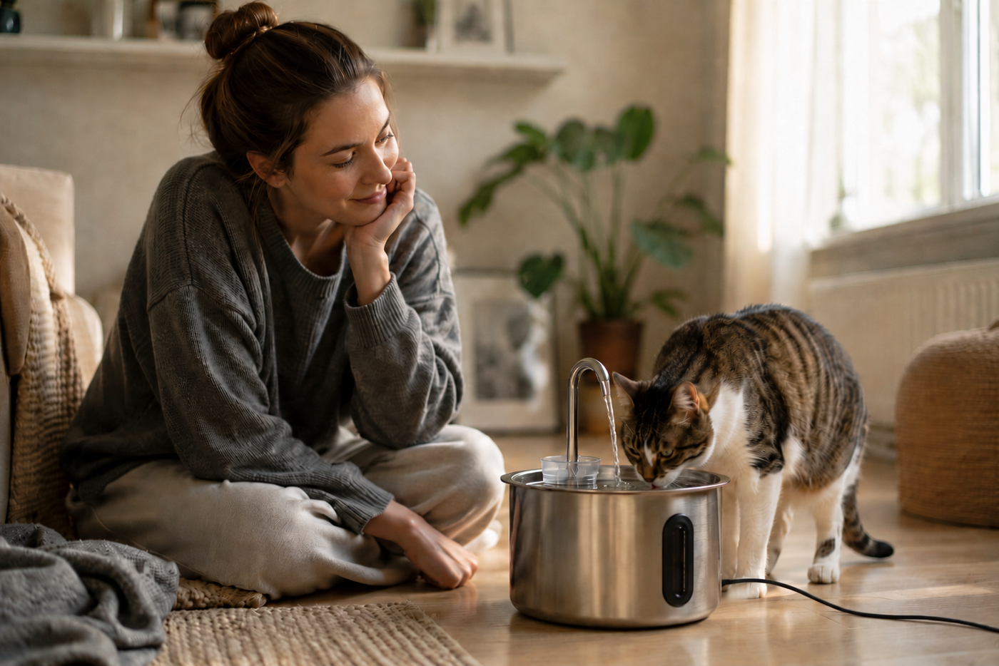 Katzenhalterin beobachtet ihre Katze aufmerksam