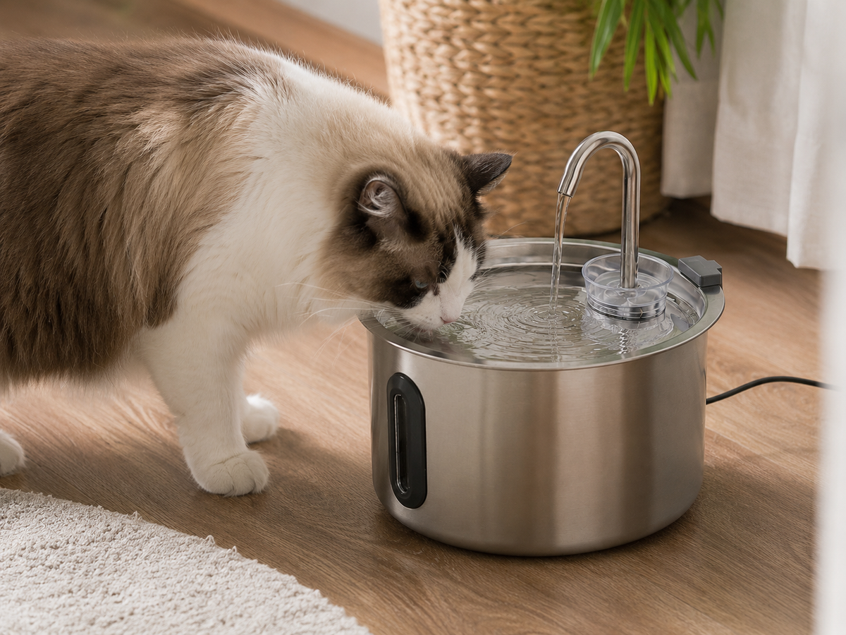 Katze trinkt von einer breiten offenen Fläche