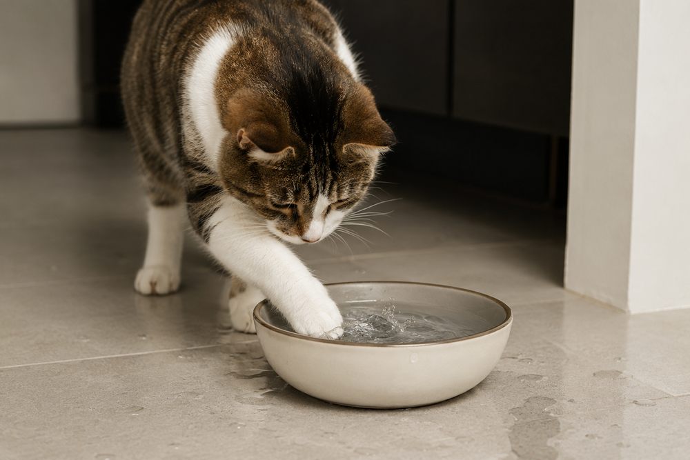 Katze bewegt Wasser mit der Pfote