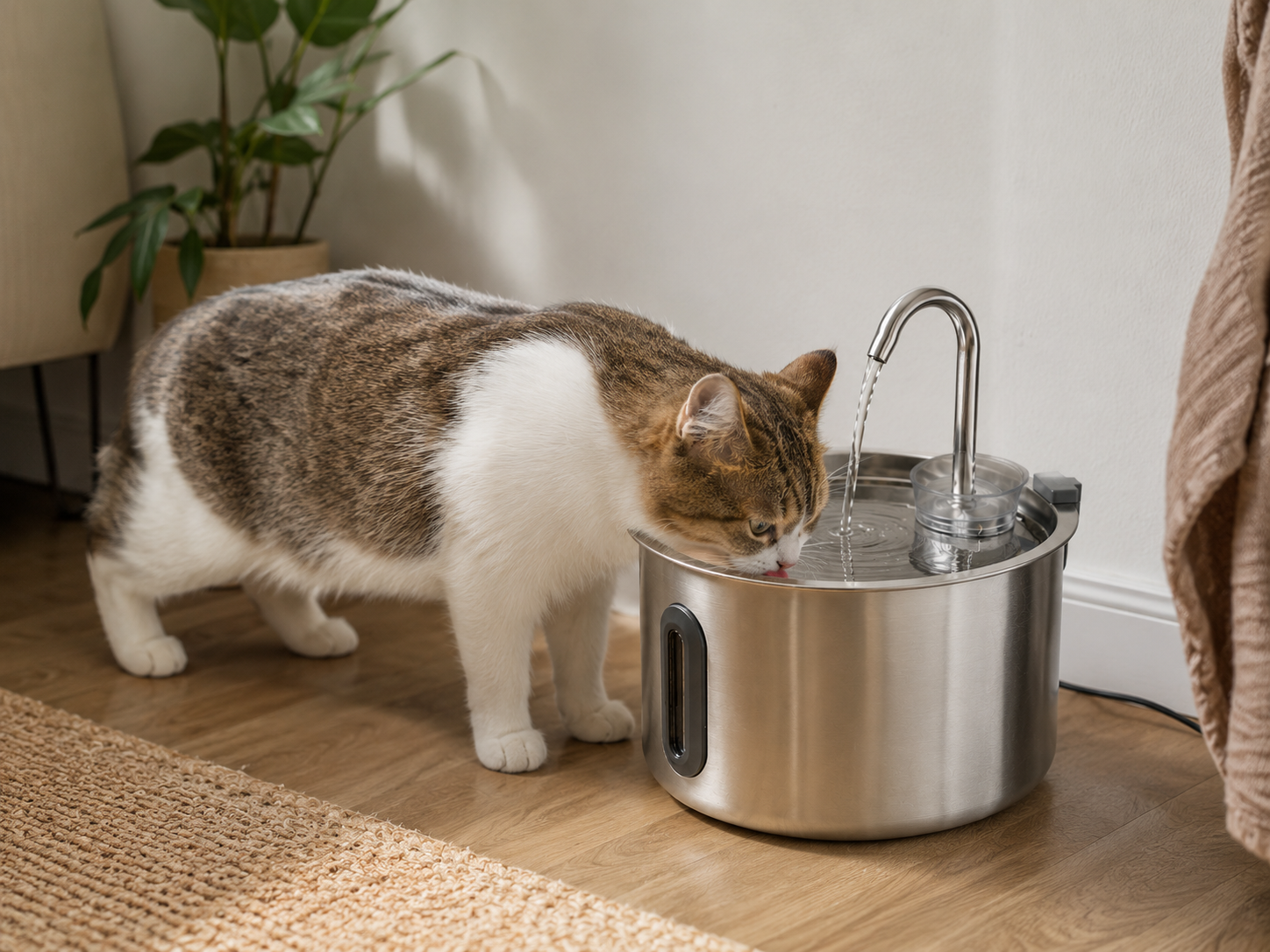 Katze trinkt aus dem Pfotelo Edelstahl-Trinkbrunnen